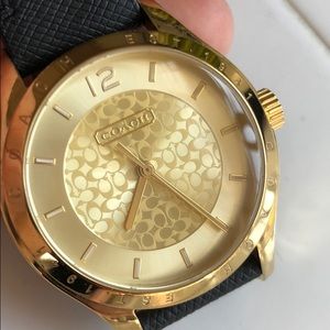 Coach leather watch gold face black leather strap